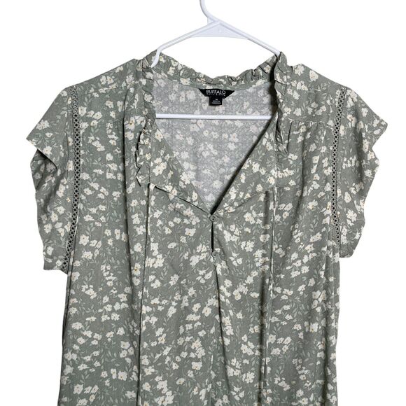 Buffalo David Bitton Blouse Women's Medium Green Floral V-Neck Short Sleeve Boho - Picture 2 of 8